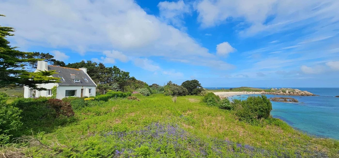 Le champ au printemps, la maison à gauche, la baie au fond
