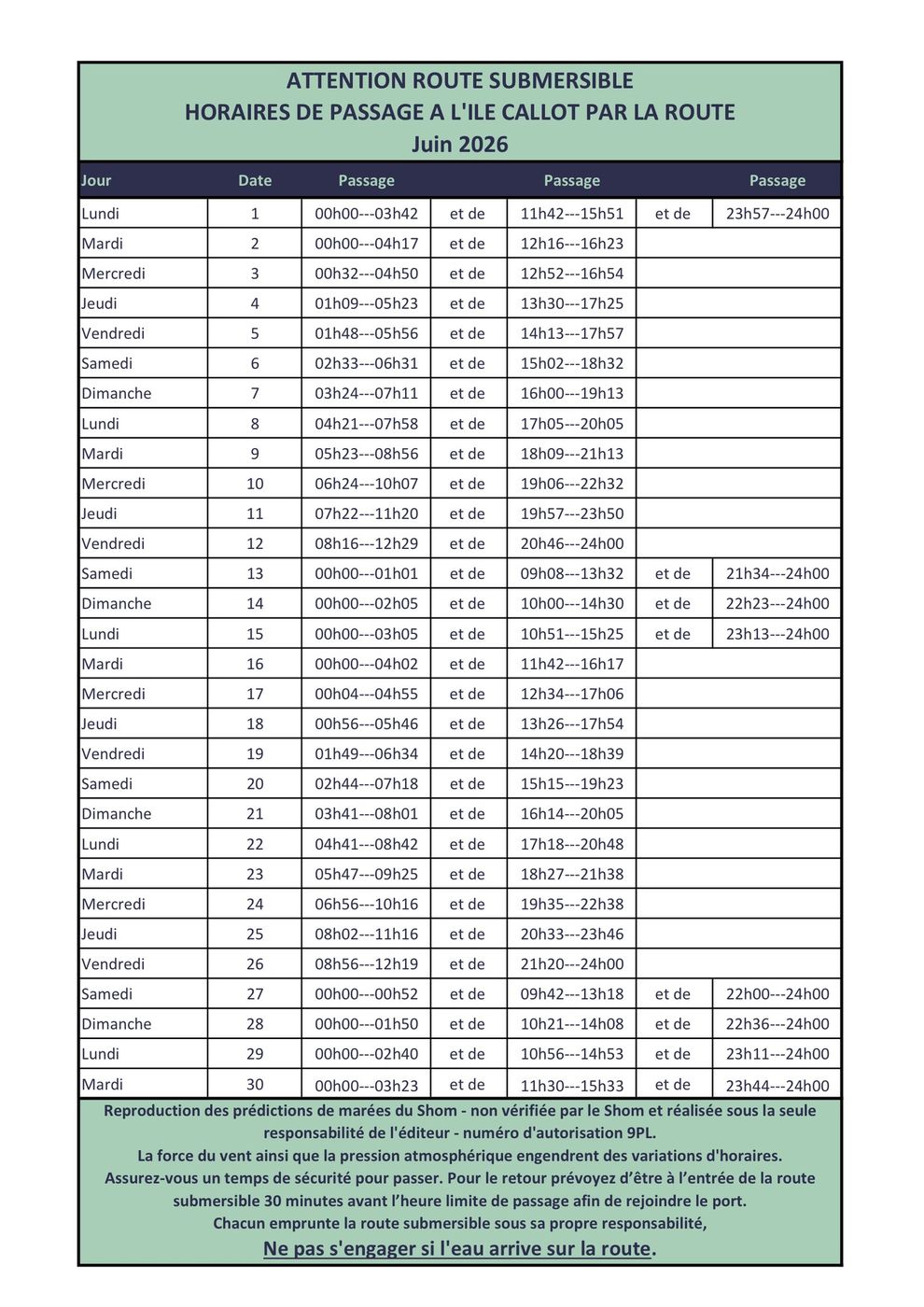 Tableau officiel des horaires de passage