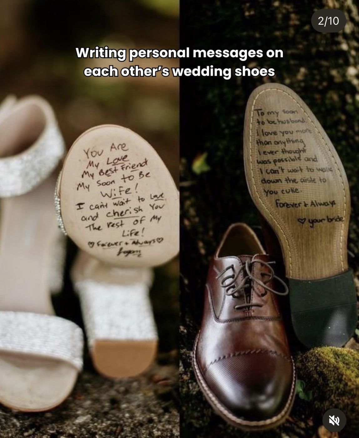 Messages écrits sous les semelles des chaussures des mariés, avant la cérémonie
